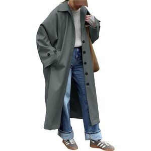 Womens Long Trench Coat Single Breasted Grey